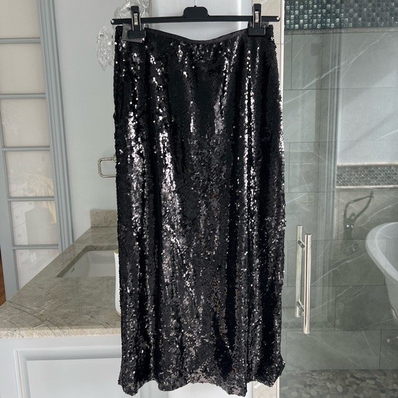 ZARA SEQUIN MIDI SKIRT BLACK - Picture 9 of 13